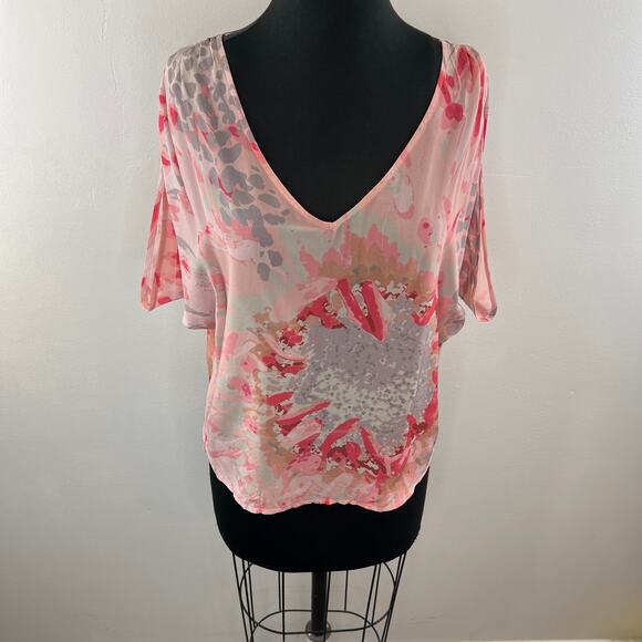 S.Y.L.K. Pink XS Flutter Top Silk Tie Dye Print V-Neck Dolman Sleeve Pullover - Picture 2 of 9